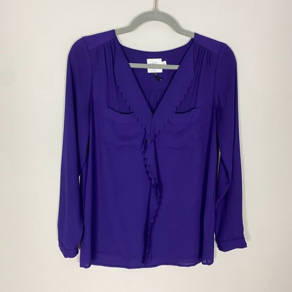 HD in Paris Scalloped Long Sleeve Blouse Purple Womens 4 Career Professional - Picture 1 of 6